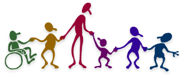 Schematic diagram of lots of people who are all different colours, sizes and shapes, all holding hands